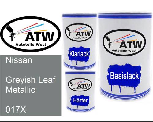Nissan, Greyish Leaf Metallic, 017X: 500ml Lackdose + 500ml Klarlack + 250ml Härter - Set, von ATW Autoteile West.